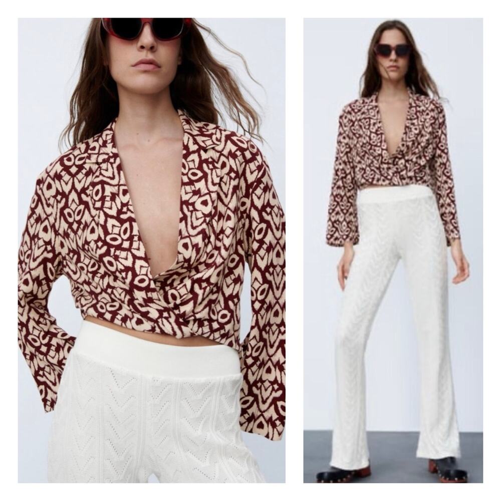 Zara Tribal Twist Front Crop Top Small Burgundy Cream Deep V Long Sleeve